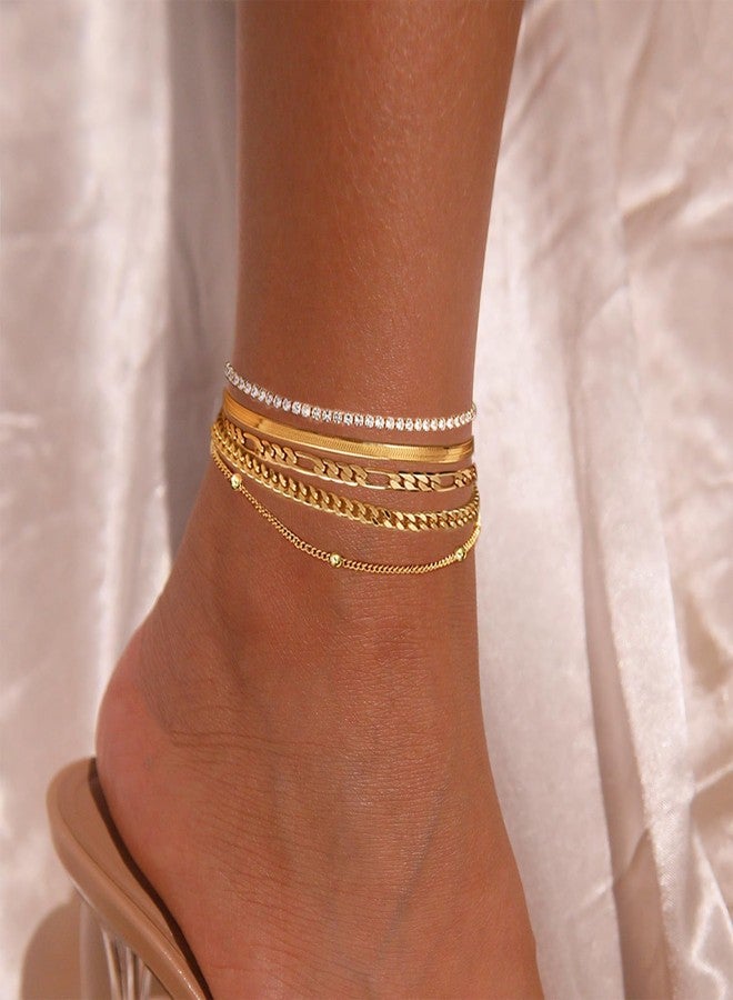 MYYOII Gold Ankle Bracelets for Women,14k Gold Plated Anklets Waterproof Cuban Link Tennis Herringbone Beaded Chain Anklets Set Layered Anklet Bracelets for Women Adjustable Summer Beach Jewelry 5pcs - Image 3